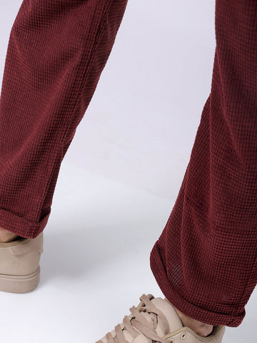 Men's Burgundy Straight Fit Textured Mid-Rise Trousers