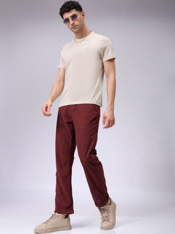 Men's Burgundy Straight Fit Textured Mid-Rise Trousers