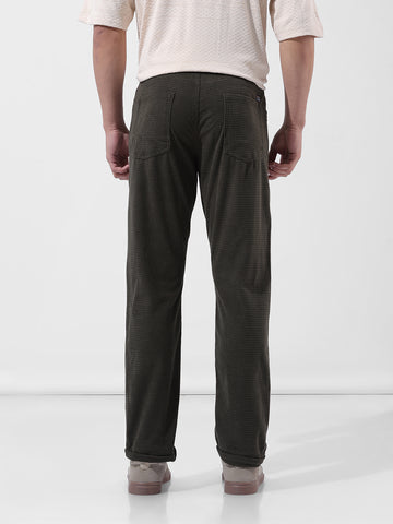 Men's Dark Olive Straight Fit Textured Casual Trouser