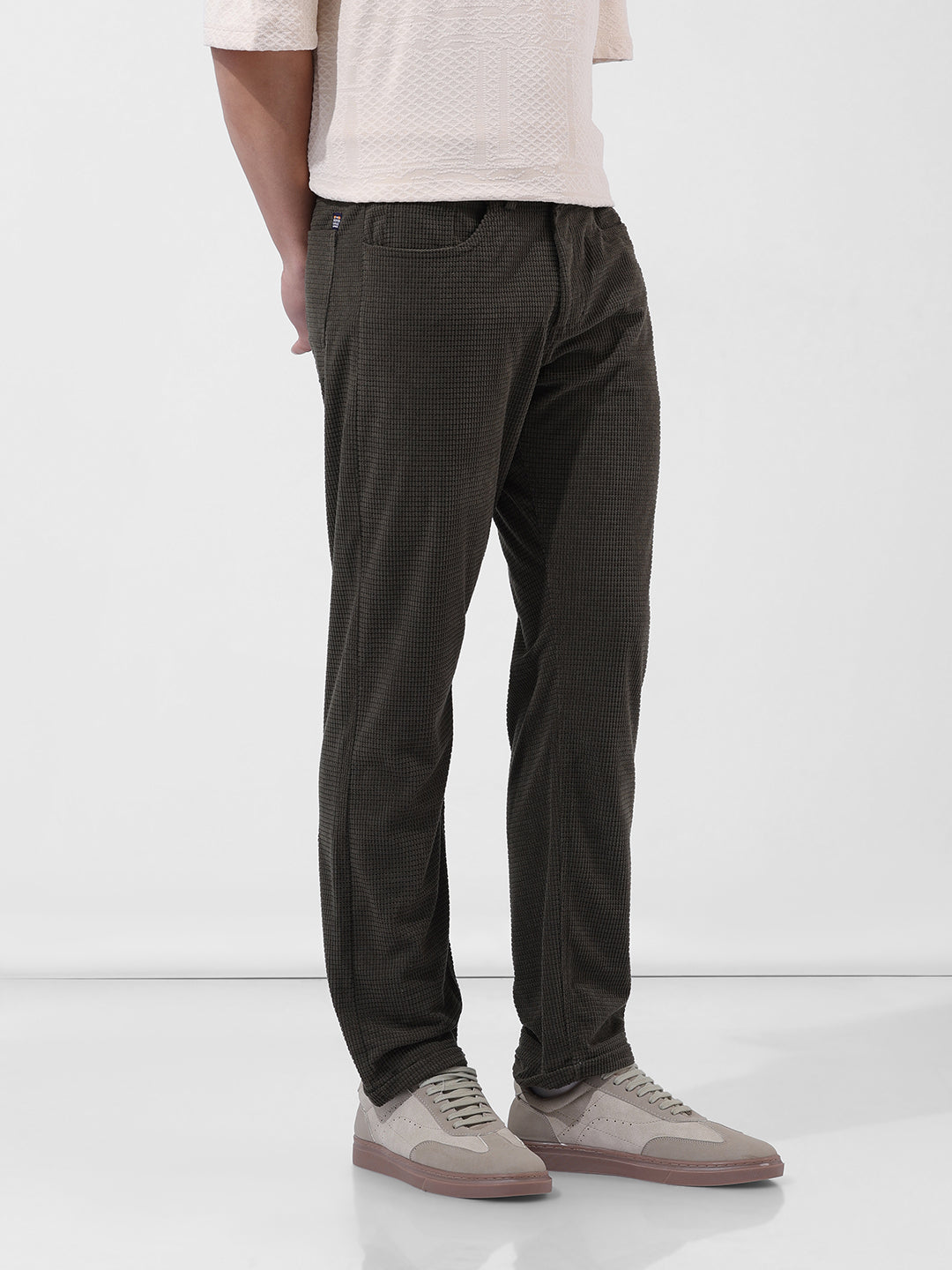 Men's Dark Olive Straight Fit Textured Casual Trouser