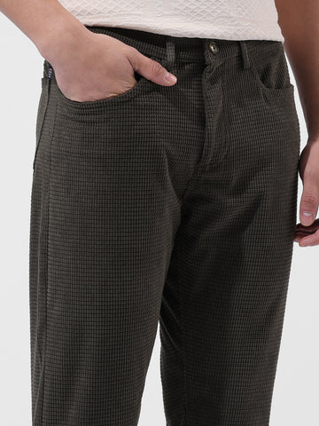 Men's Dark Olive Straight Fit Textured Casual Trouser