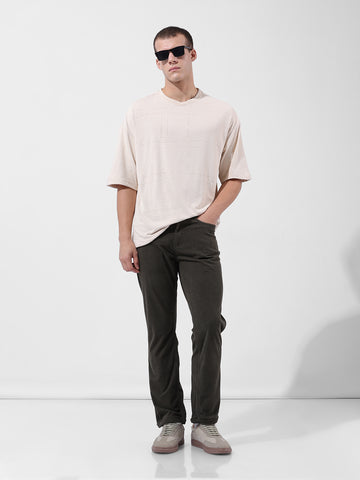 Men's Dark Olive Straight Fit Textured Casual Trouser