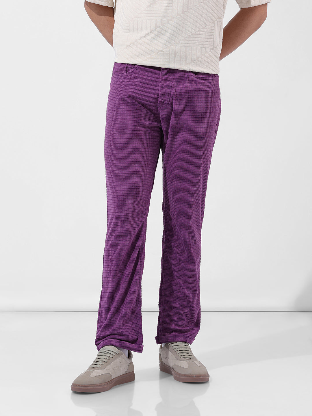 Men's Dusty Grape Straight Fit Textured Casual Trouser