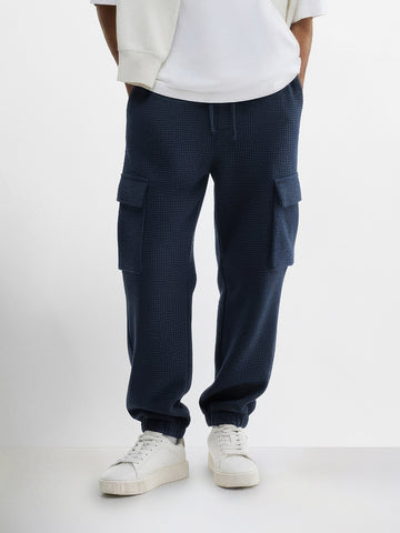 Men's Blue Loose Fit Solid Utility Joggers