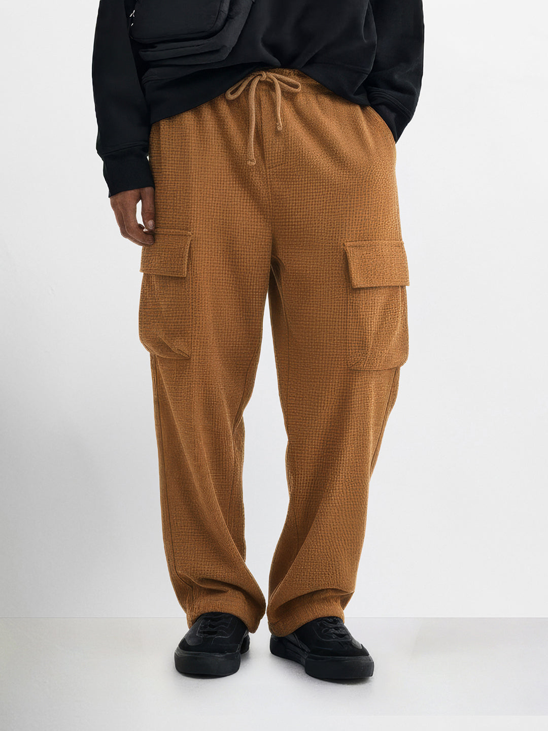 Men's Khaki Loose Fit Solid Utility Joggers