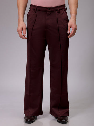 Men's Burgundy Flared Bootcut Solid Mid-Rise Stretchable Trousers