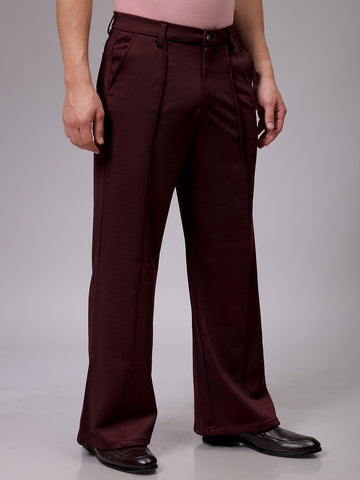 Men's Burgundy Flared Bootcut Solid Mid-Rise Stretchable Trousers
