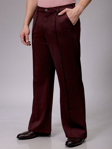 Men's Burgundy Flared Bootcut Solid Mid-Rise Stretchable Trousers