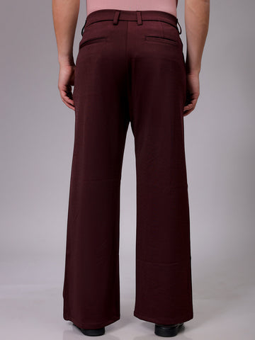 Men's Burgundy Flared Bootcut Solid Mid-Rise Stretchable Trousers