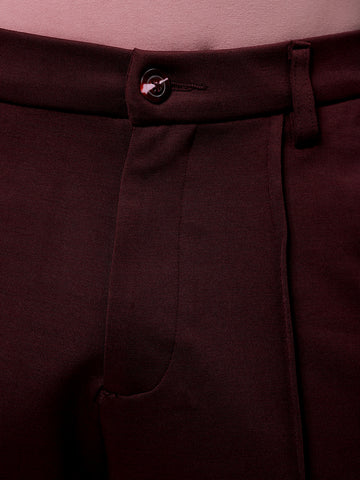 Men's Burgundy Flared Bootcut Solid Mid-Rise Stretchable Trousers