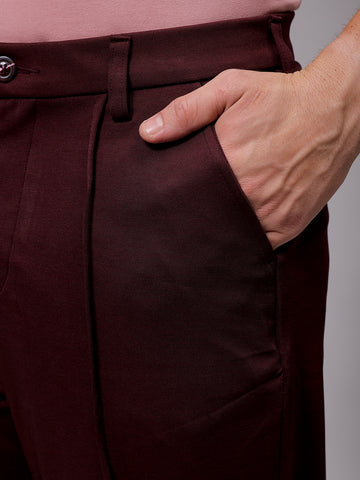 Men's Burgundy Flared Bootcut Solid Mid-Rise Stretchable Trousers