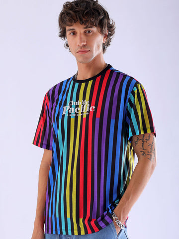 Men's Black Slim Fit Striped Round Neck T-shirt - Main Image