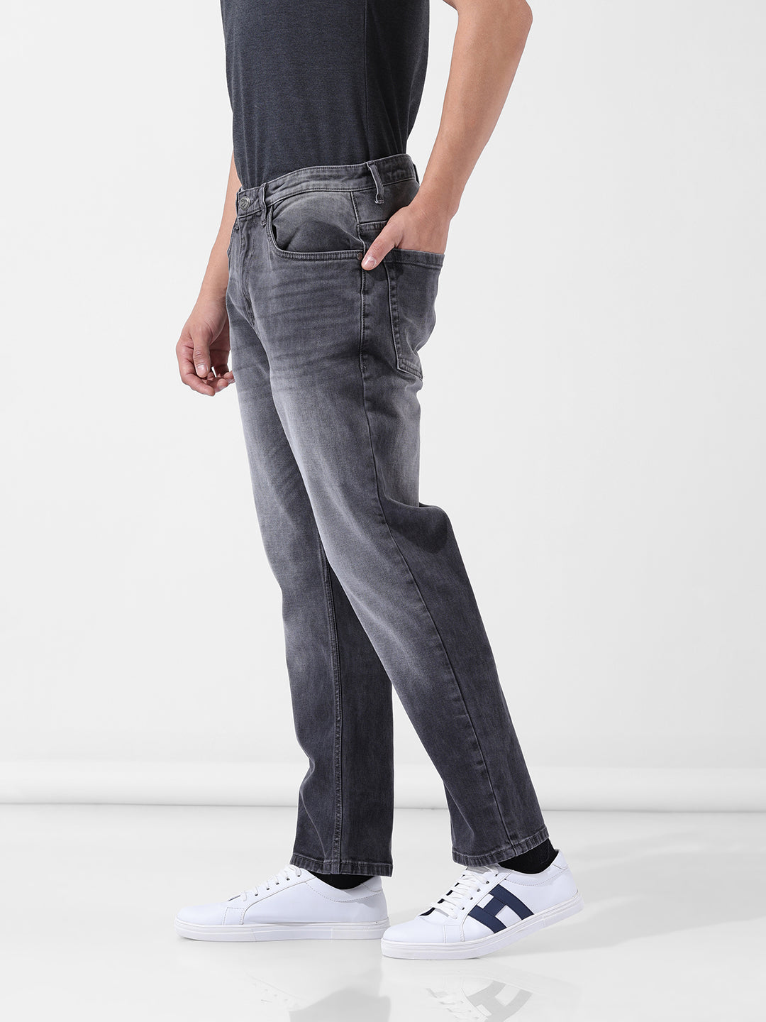 Men's Grey Regular Fit Casual Jeans