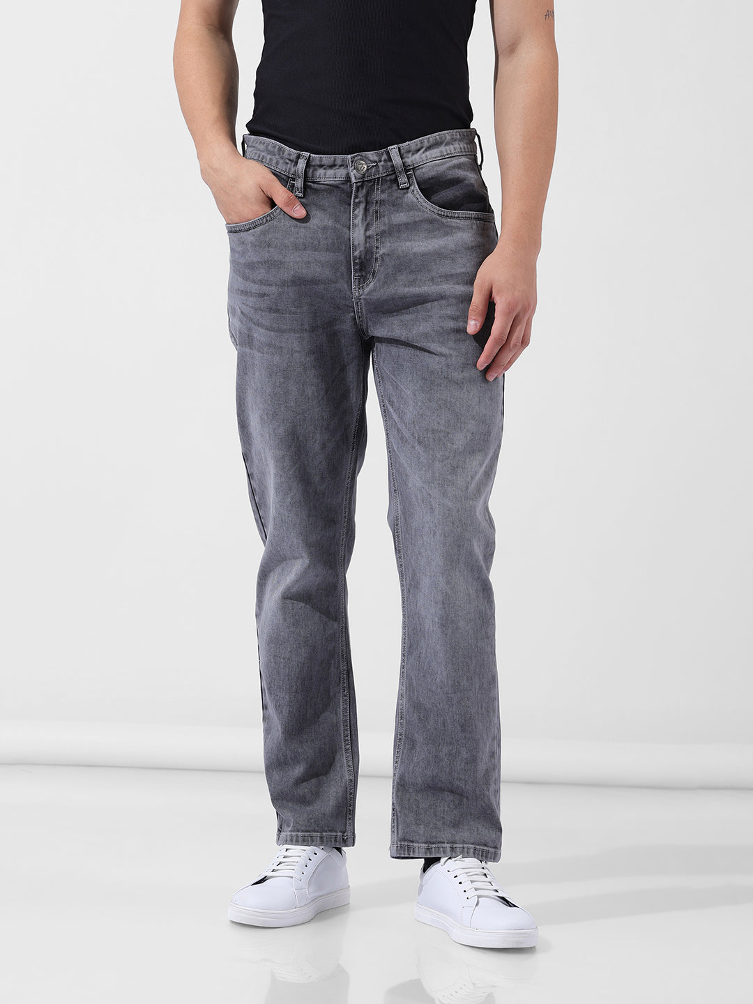 Men's Grey Regular Fit Casual Jeans
