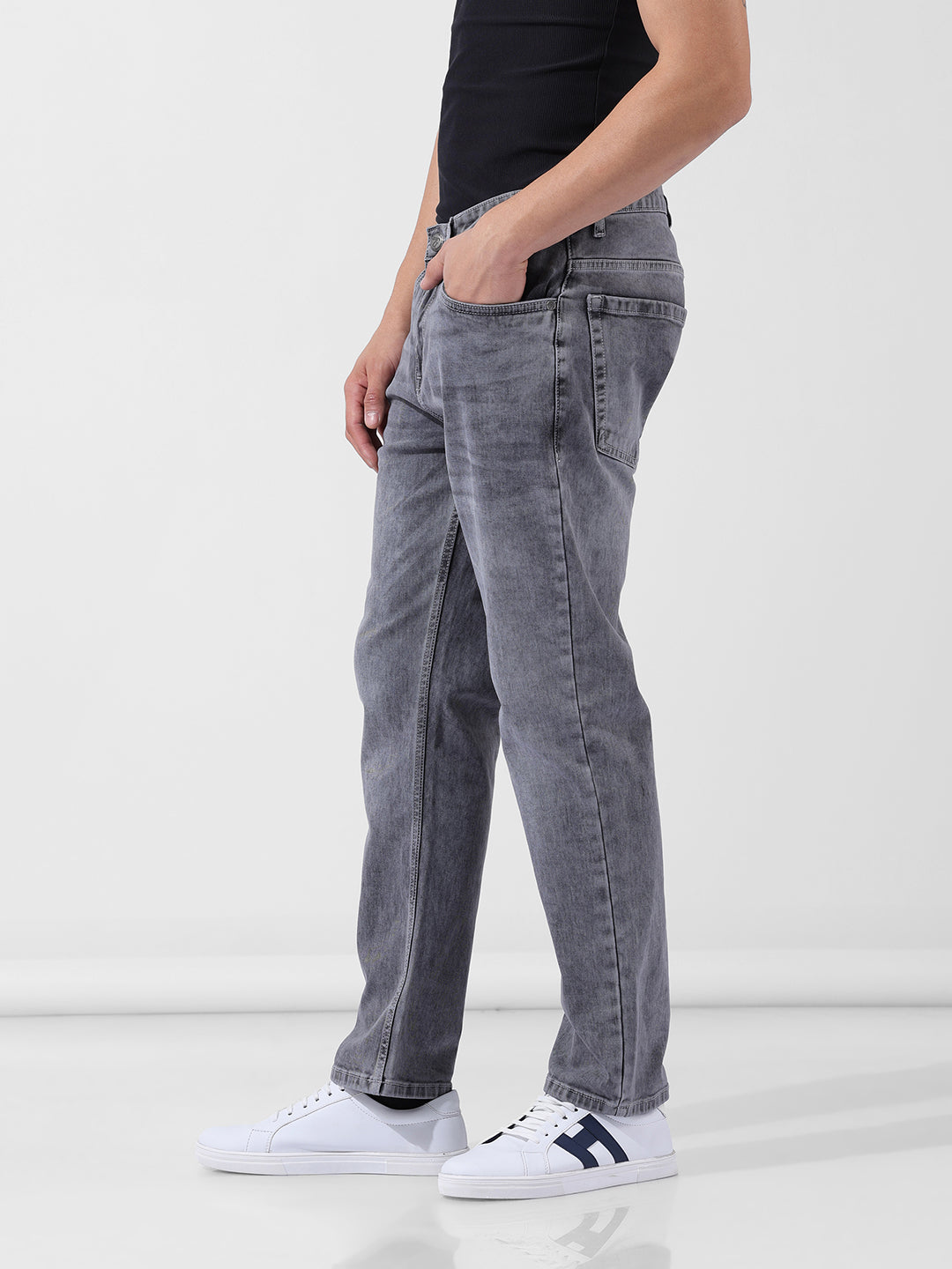 Men's Grey Regular Fit Casual Jeans