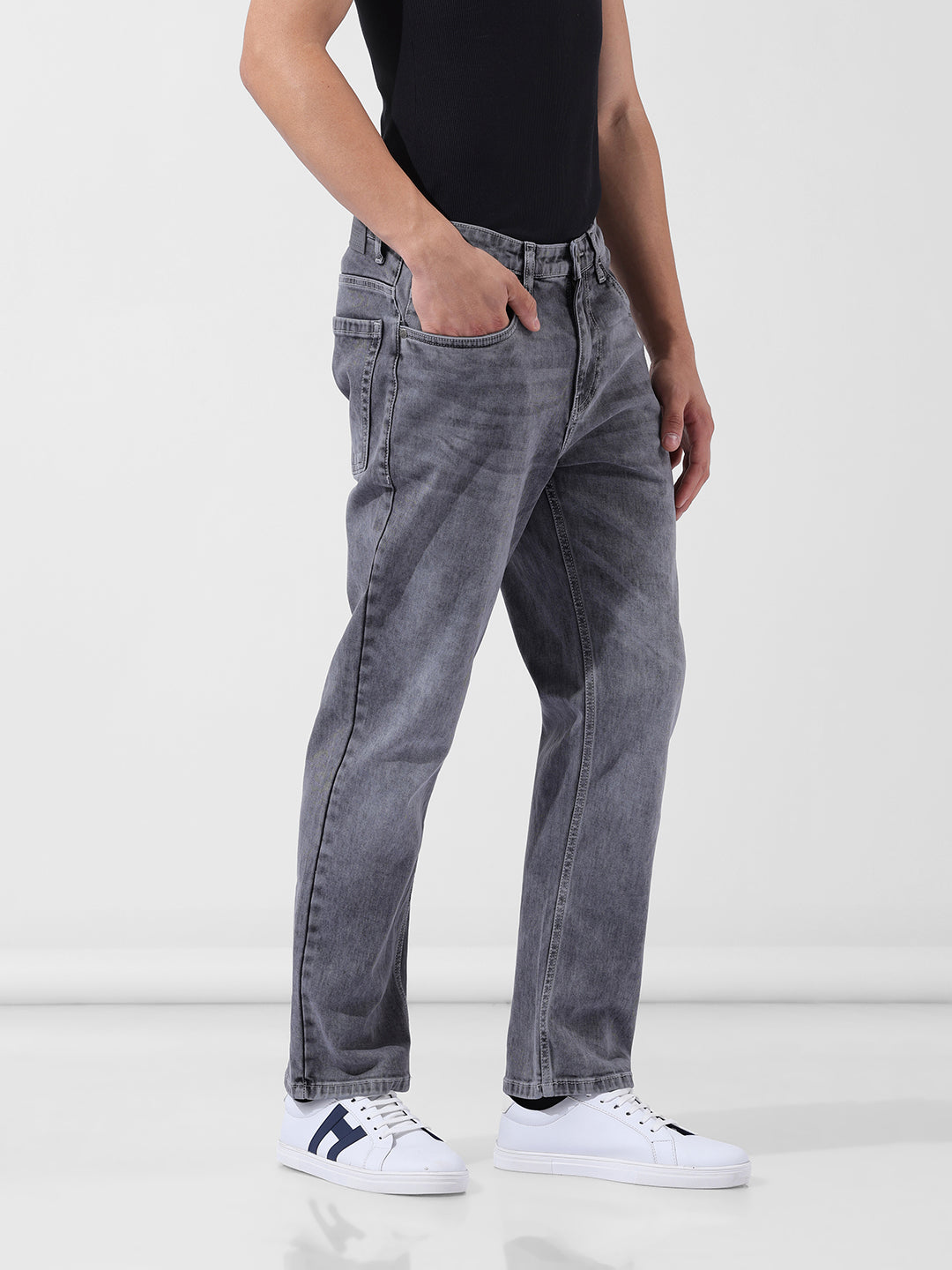 Men's Grey Regular Fit Casual Jeans