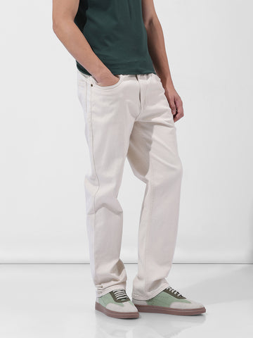Men's Off White Regular Fit Casual Jeans
