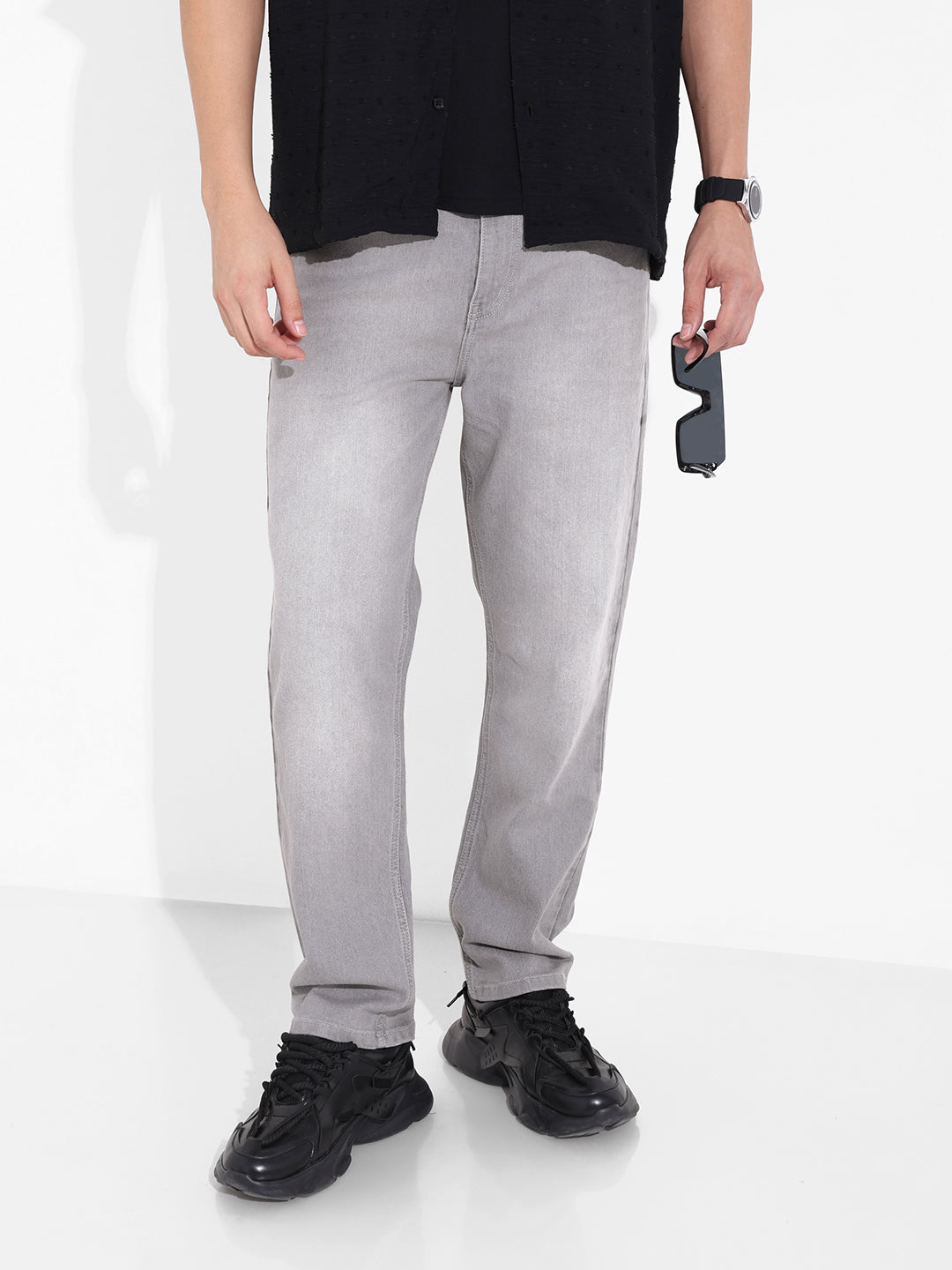 Men's Grey Slim Fit Solid Casual Jeans
