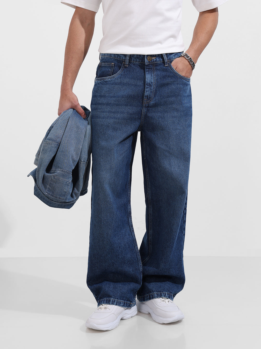 Men's Blue Baggy Fit Solid Casual Jeans