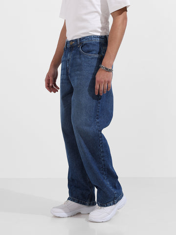 Men's Blue Baggy Fit Solid Casual Jeans
