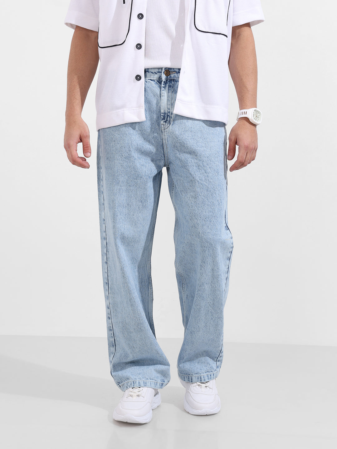 Men's Blue Baggy Fit Solid Casual Jeans