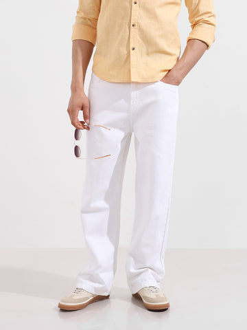 Men's White Baggy Fit Solid Casual Jeans