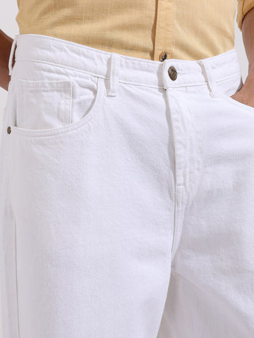Men's White Baggy Fit Solid Casual Jeans