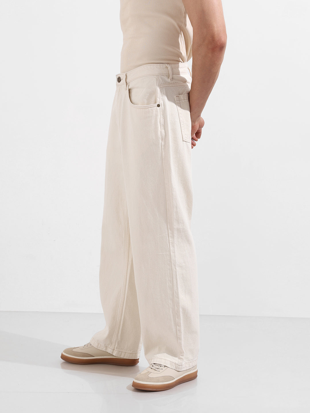 Men's White Baggy Fit Solid Casual Jeans