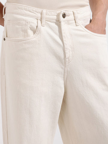 Men's White Baggy Fit Solid Casual Jeans