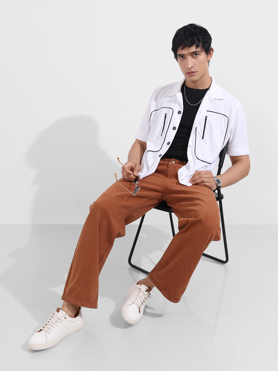 Men's Brown Baggy Fit Solid Casual Jeans