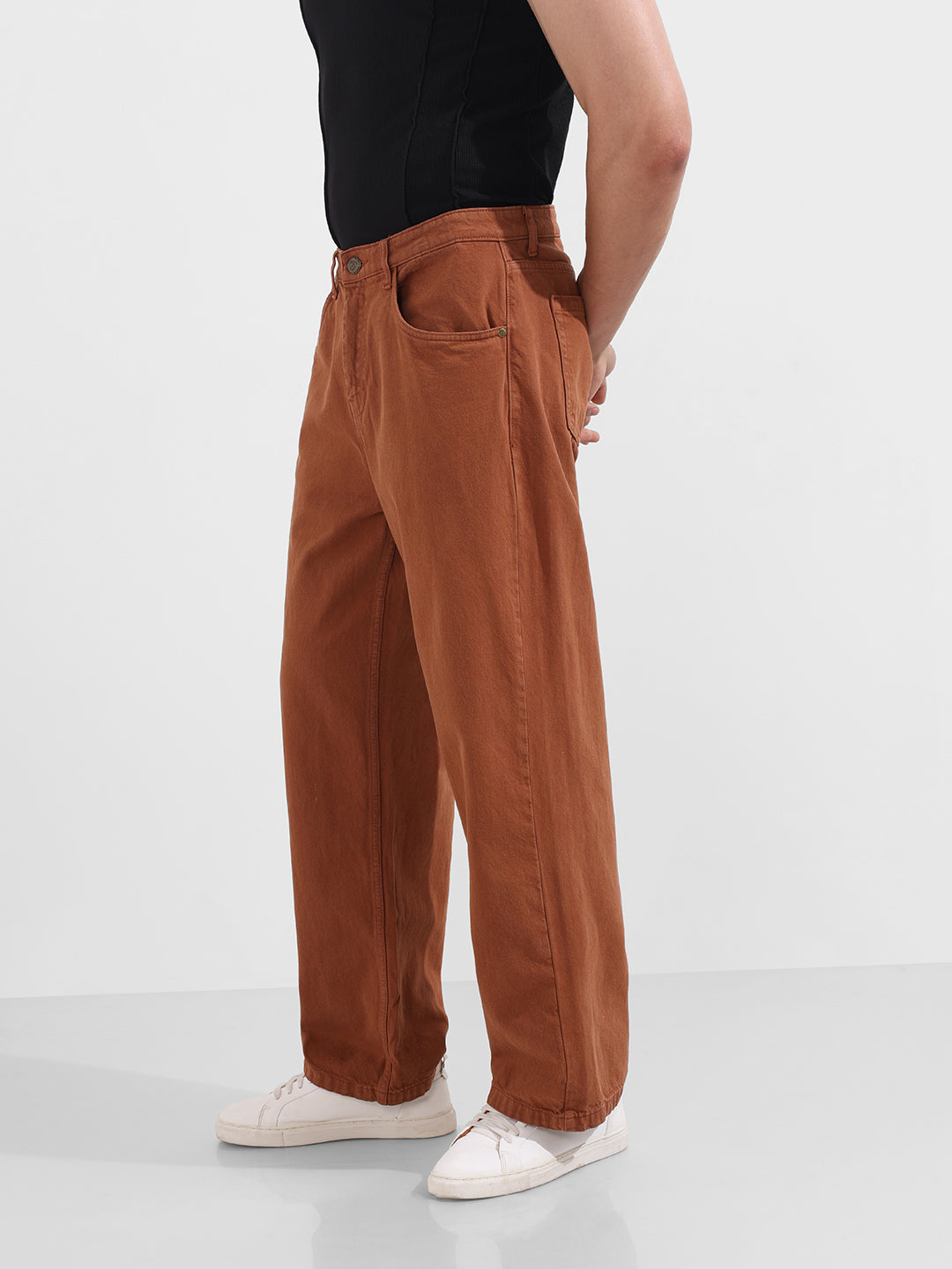 Men's Brown Baggy Fit Solid Casual Jeans