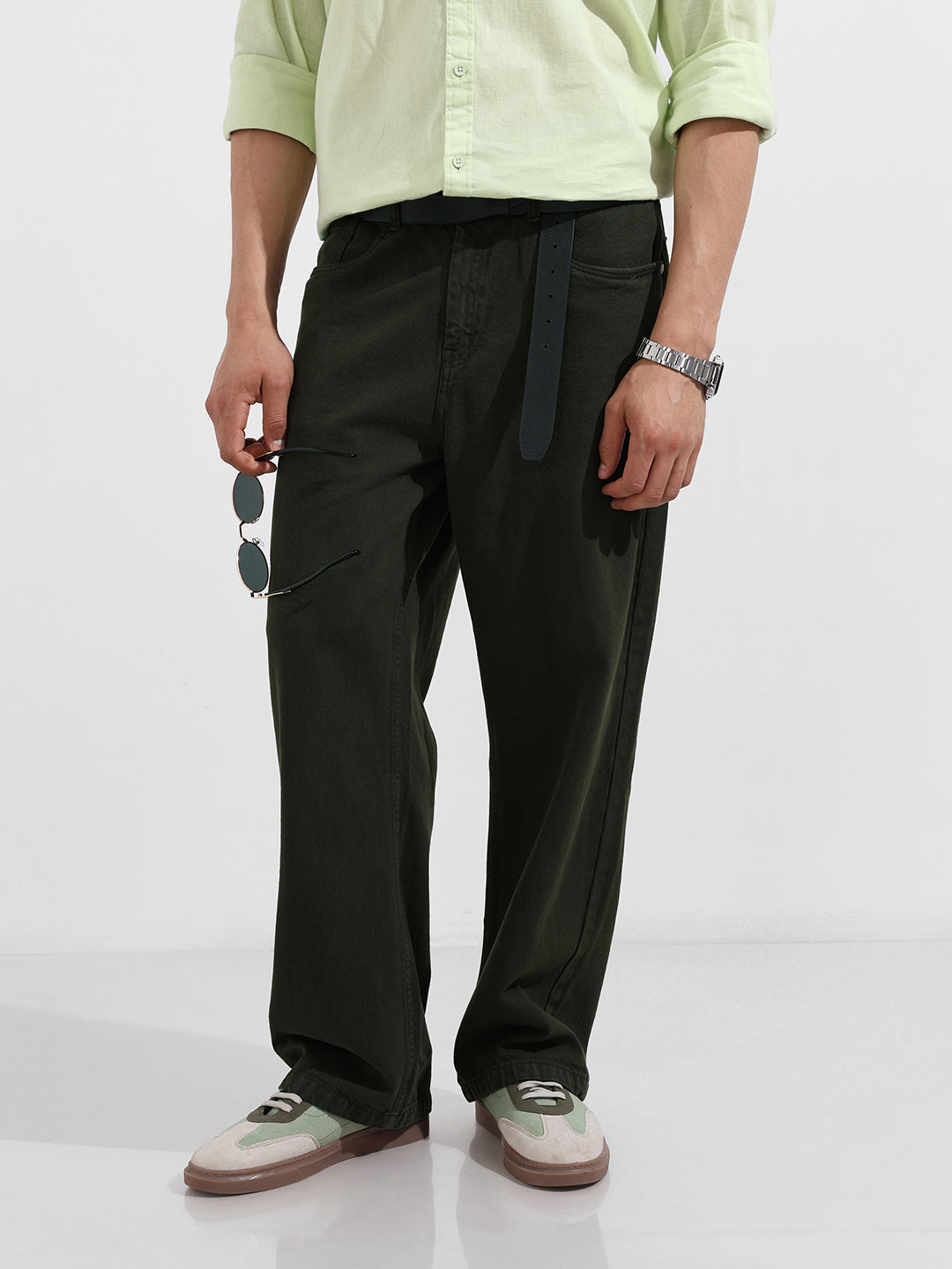 Men's Green Baggy Fit Solid Casual Jeans