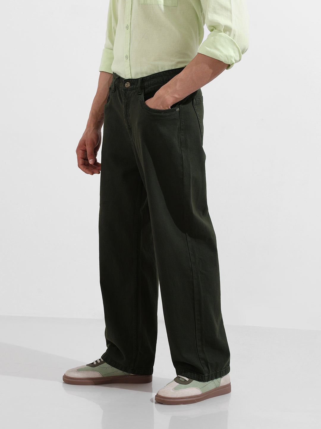 Men's Green Baggy Fit Solid Casual Jeans