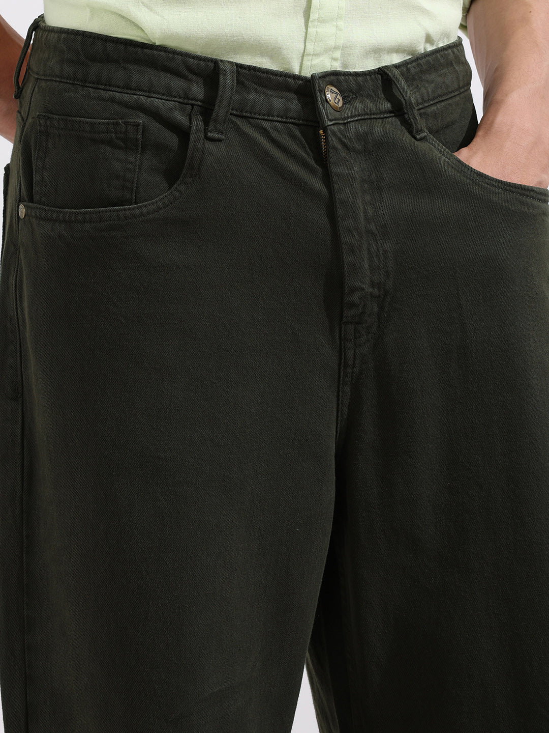 Men's Green Baggy Fit Solid Casual Jeans
