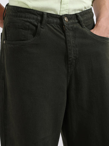 Men's Green Baggy Fit Solid Casual Jeans