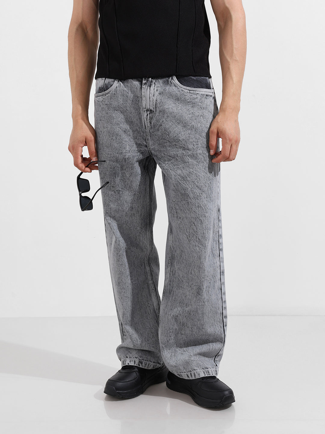 Men's Grey Baggy Fit Solid Casual Jeans