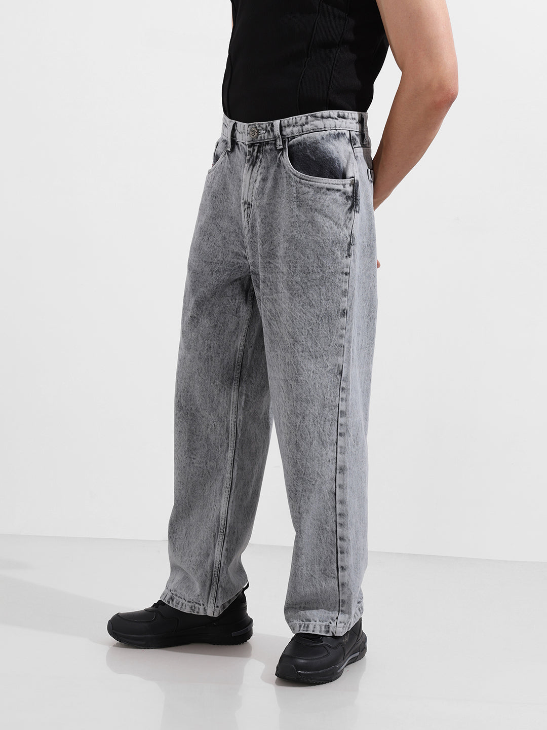 Men's Grey Baggy Fit Solid Casual Jeans