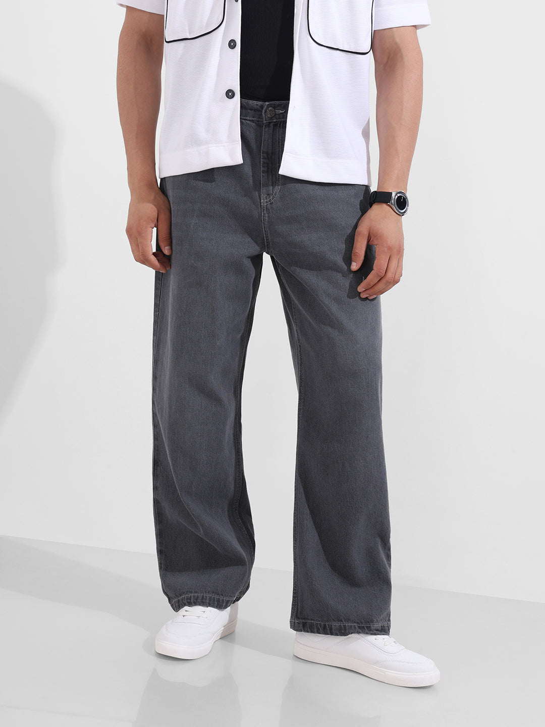 Men's Grey Baggy Fit Solid Casual Jeans