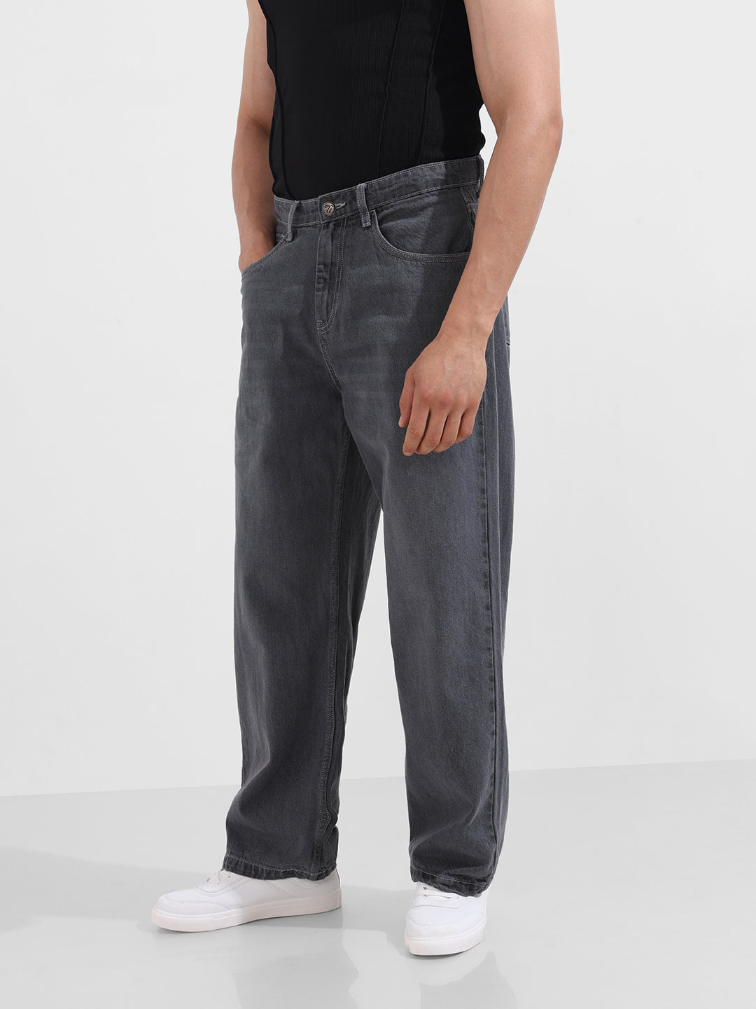 Men's Grey Baggy Fit Solid Casual Jeans