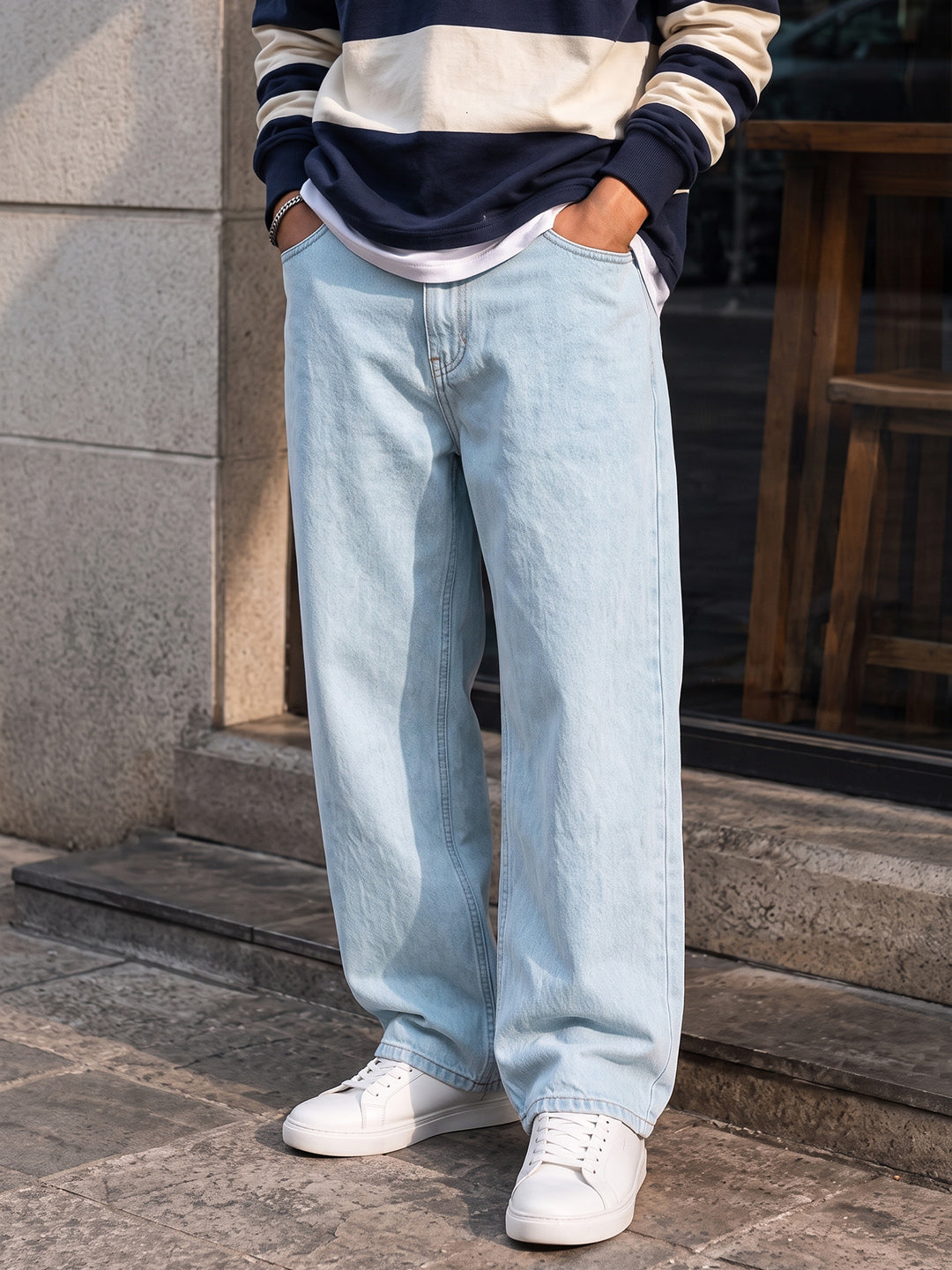 Men's Blue Baggy Fit Solid Casual Jeans