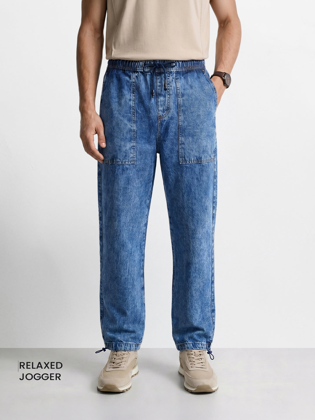 Men's Blue Relaxed Fit Solid Denim Joggers