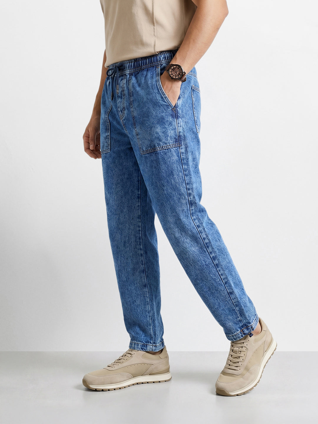 Men's Blue Relaxed Fit Solid Denim Joggers