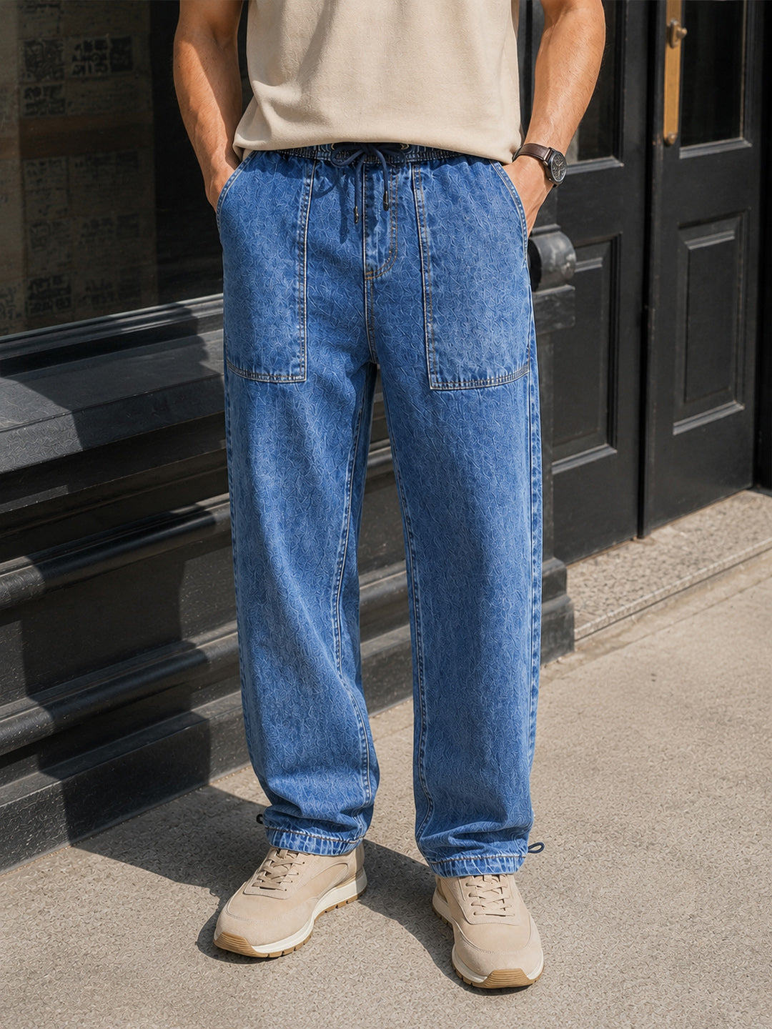 Men's Blue Relaxed Fit Solid Denim Joggers