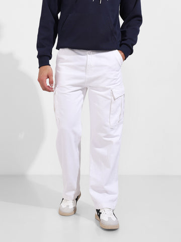 Men's White Relaxed Fit Solid Casual Jeans