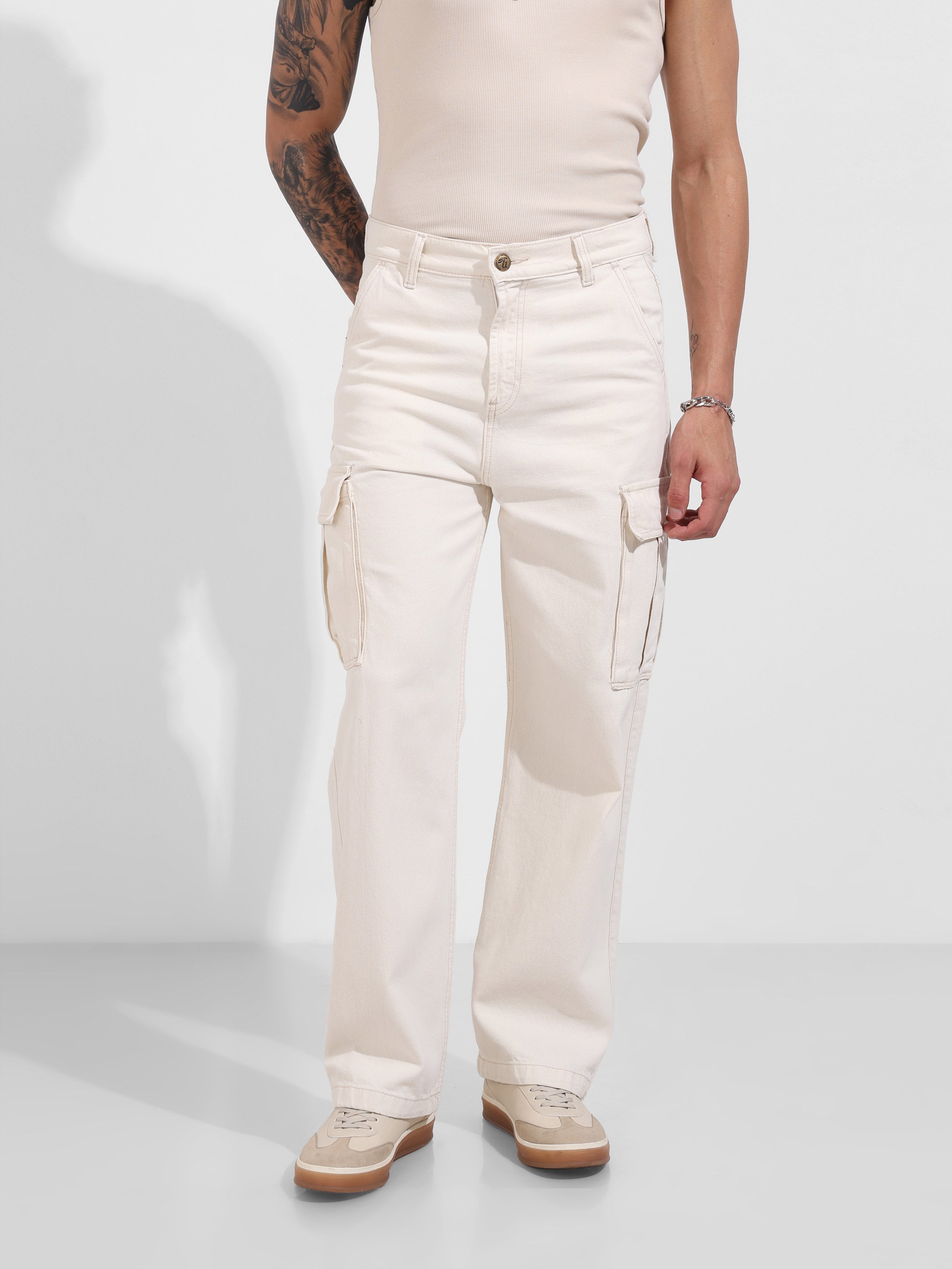 Men's White Relaxed Fit Solid Casual Jeans