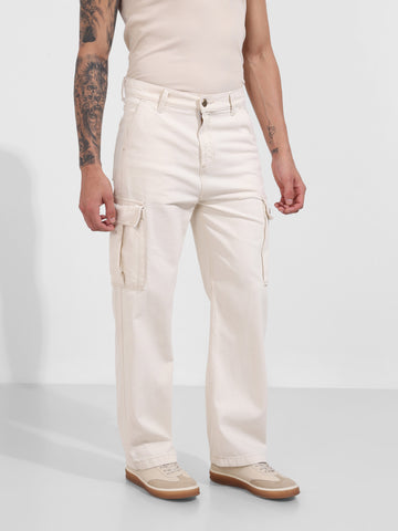 Men's White Relaxed Fit Solid Casual Jeans