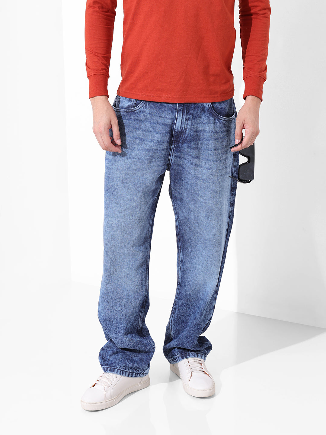 Men's Blue Relaxed Fit Solid Casual Jeans