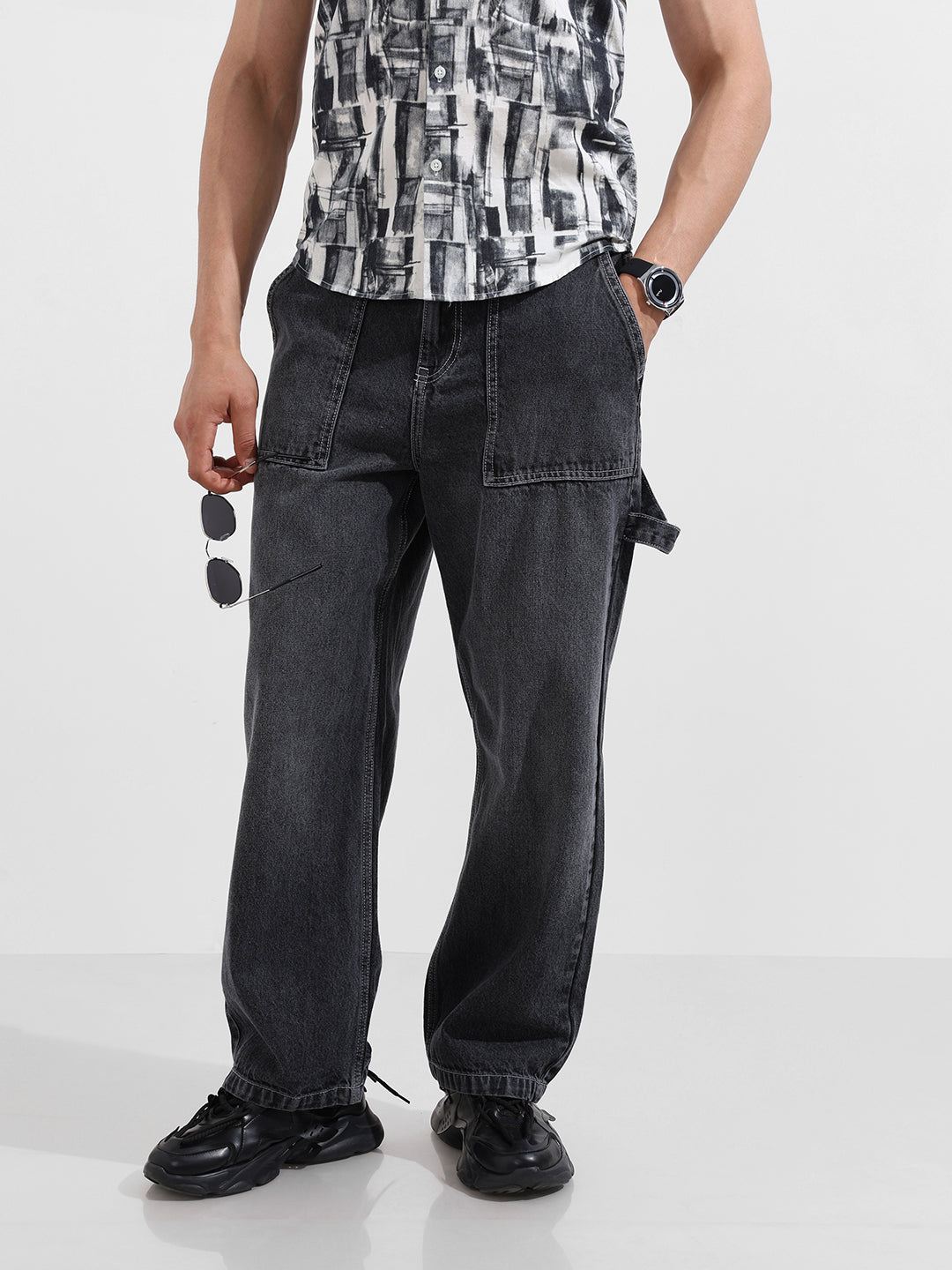 Men's Grey Loose Fit Solid Casual Jeans