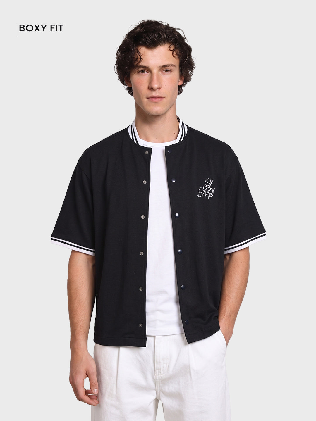 Men's Black Boxy Fit Embroided Casual Shirt