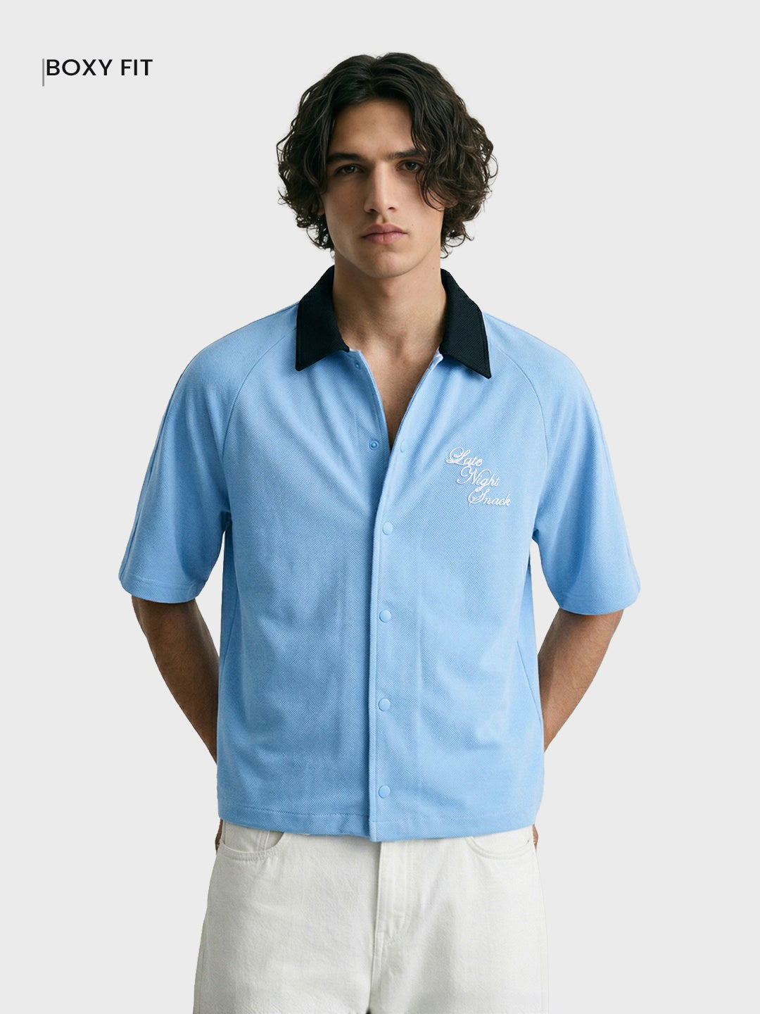 Men's Blue Boxy Fit Embroided Casual Shirt